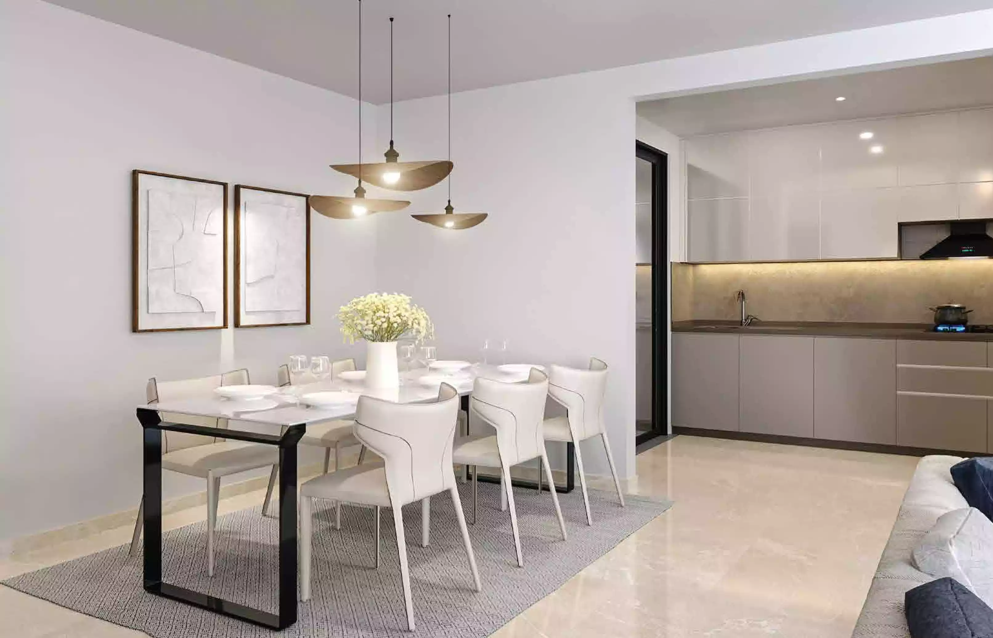 Riverdale Grand - 3 BHK dining area with modular kitchen beyond, artistic impression