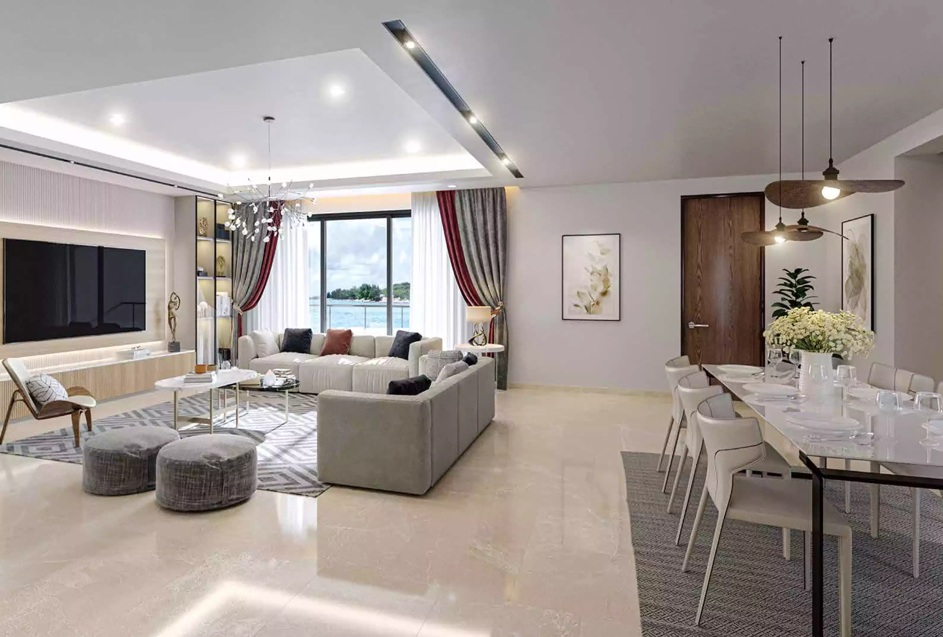 Riverdale Grand - open plan living and dining room with river view, artistic impression