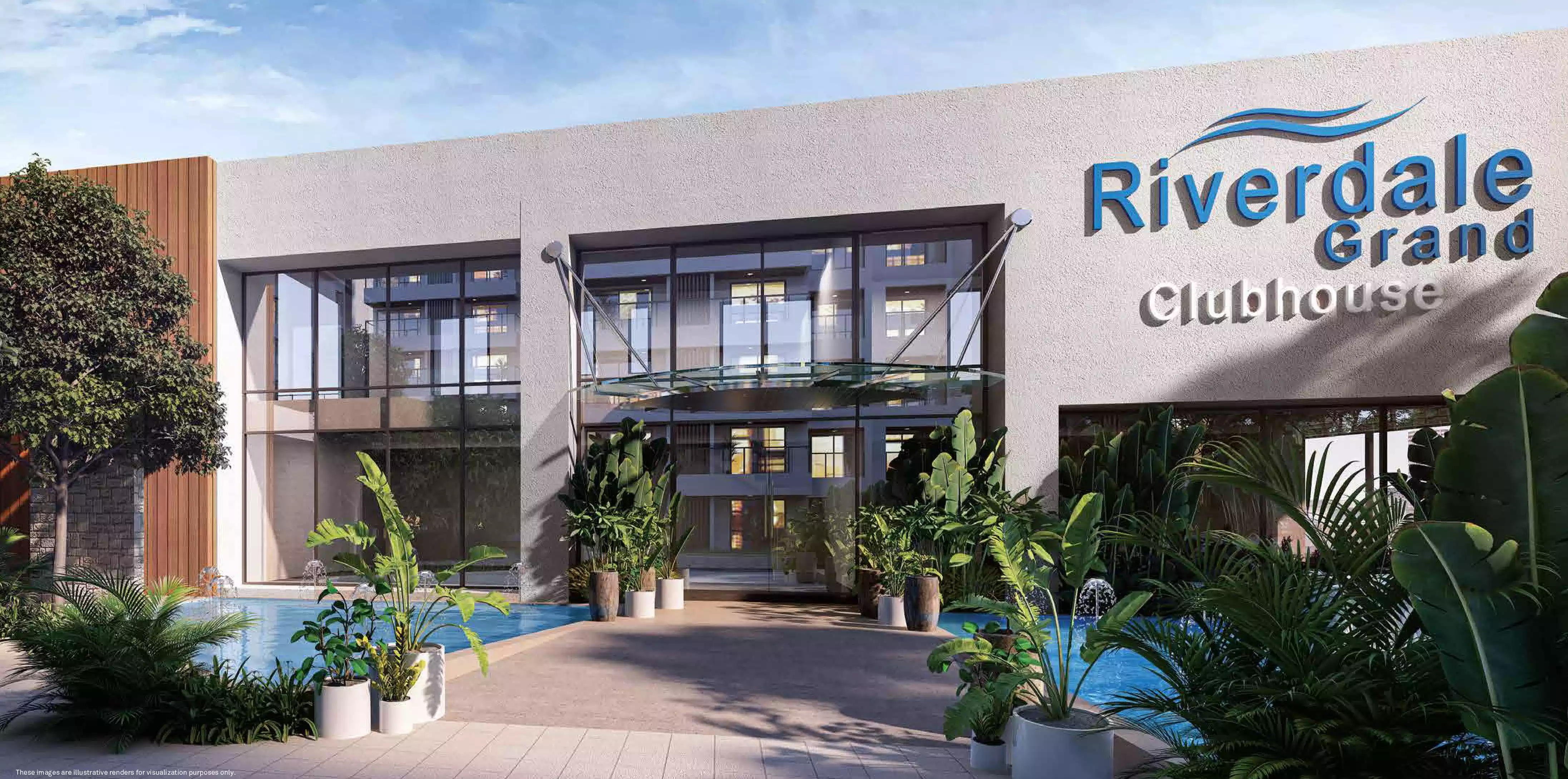 Riverdale Grand Clubhouse entrance with landscaped water feature, artistic impression