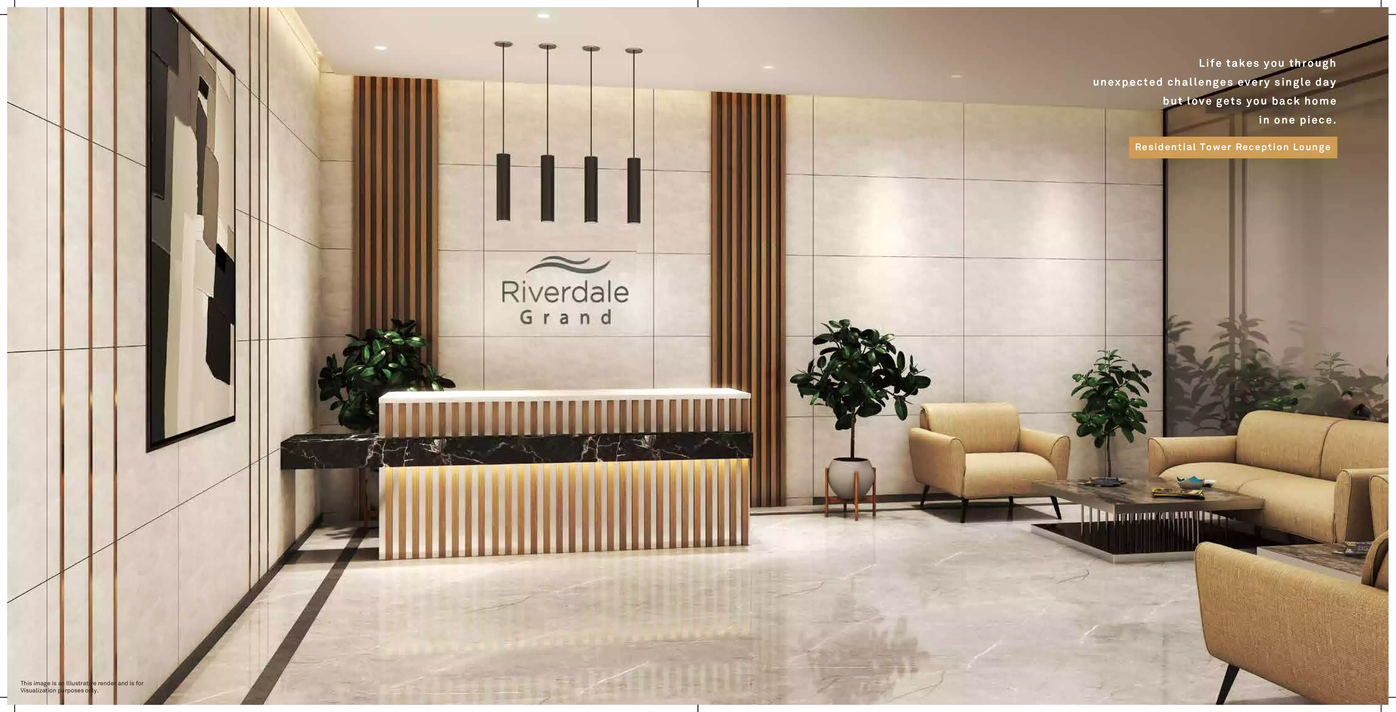 Riverdale Grand - residential tower reception lounge with marble flooring, artistic impression